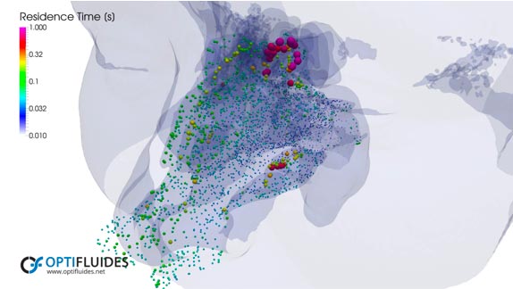Respiration nasale, particules colorées en fonction du temps de résidence