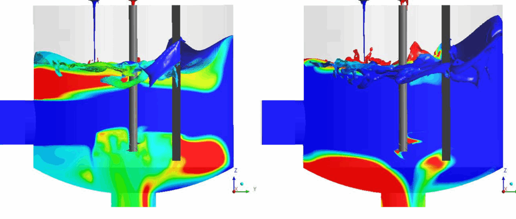Simulation CFD d'un réacteur à cuve agitée - concentration en acide sulfurique et surface libre, plan médian du réacteur